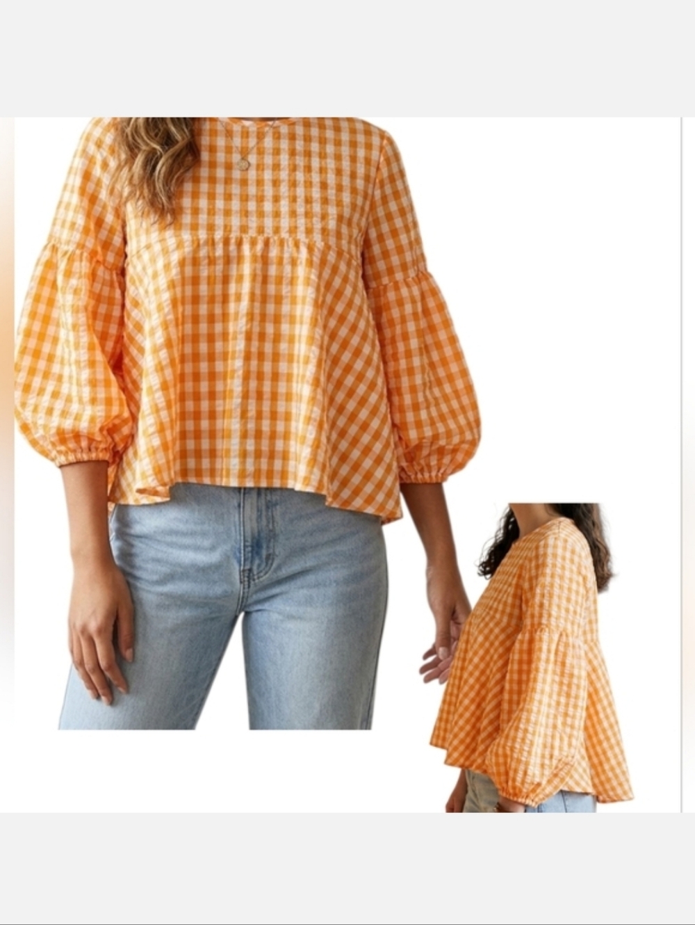 Emery Rose Orange and White Checkered High Low Puff Sleeve Top Size Large